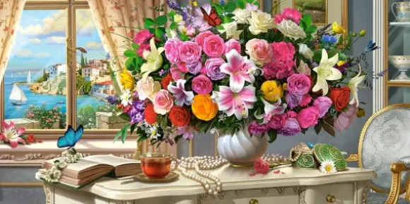 Fleurs d'Été et Tasse de Thé
